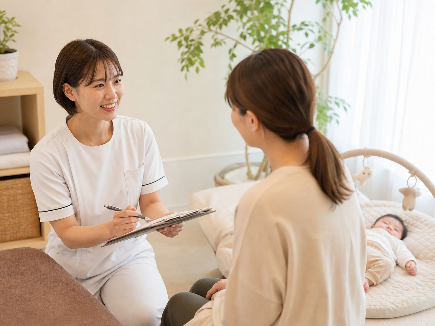 女性施術者が産後の悩みを個室でカウンセリングしている様子
