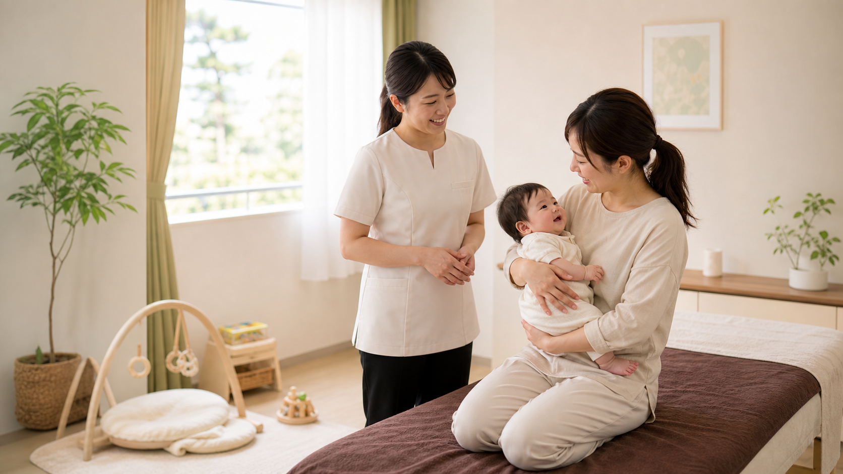 赤ちゃんを抱いた母親と女性施術者がいる明るい整体院